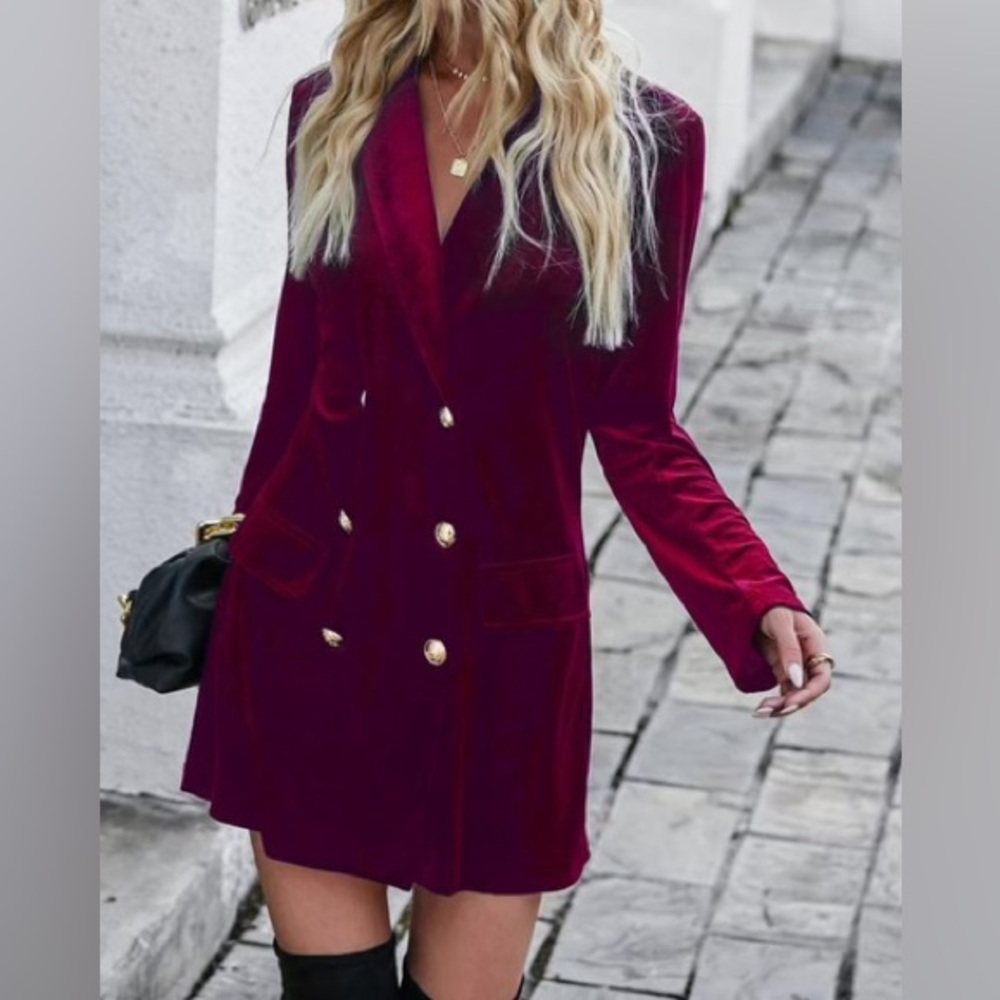 Double Breasted Velvet Blazer Dress - Burgundy